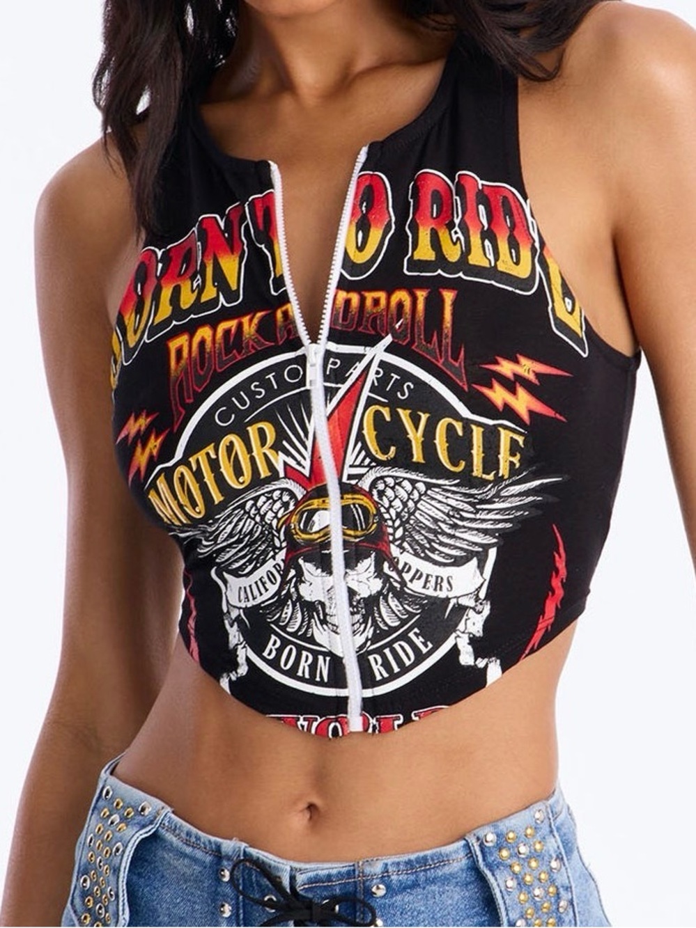 Fashion Nova Black Graphic Zip Crop Top with Red and Yellow Accents